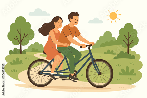 Young smiling couple cycling together on a tandem bike along a scenic park path on a bright sunny day, representing love, partnership, and healthy outdoor leisure activities. Flat vector graphic.