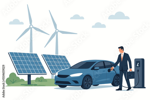 Eco-friendly transportation future: Businessman refueling electric car using clean energy from solar panels and wind turbines at a modern EV charging station. Vector concept.