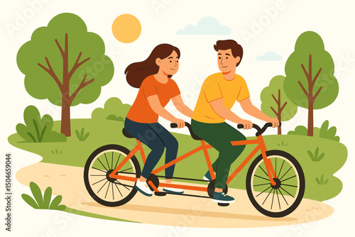 Cheerful couple cycling on a tandem bike along a path in a vibrant green park under a sunny sky. Vector graphic showcasing teamwork, outdoor leisure, healthy lifestyle, and romance.