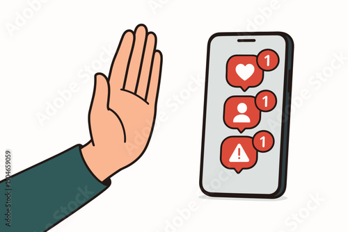 Digital Detox Vector Illustration: Hand gesture stopping overwhelming social media notifications on a smartphone screen. Concept for unplugging, mental wellness, and reducing screen time.