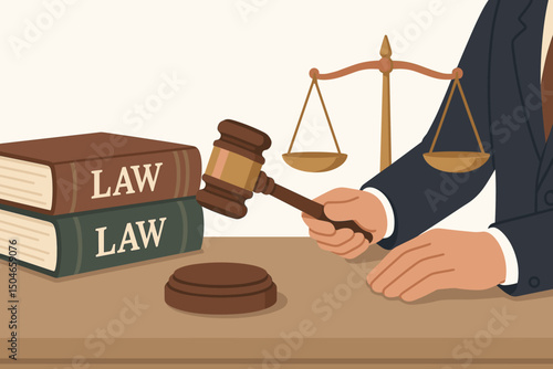 Vector illustration of a judge or lawyer holding a gavel over a desk with law books and scales of justice, symbolizing legal proceedings, court decisions, fairness, and the judicial system.