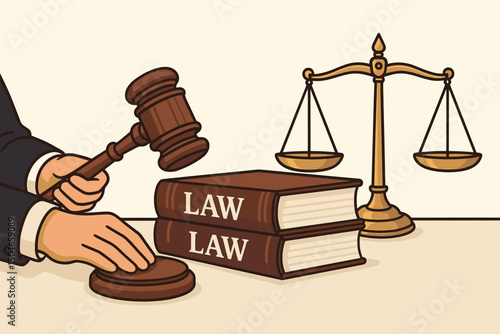 Iconic symbols of law and justice: A judge's hand wielding a gavel, law books for legal knowledge, and scales representing fairness and balance in the judicial system vector art.