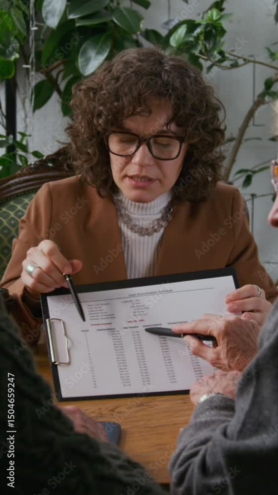 custom made wallpaper toronto digitalMedium vertical shot of confident young Caucasian female financial adviser explaining loan terms to mature couple during meeting in cafe, showing loan amortization schedule with monthly payments