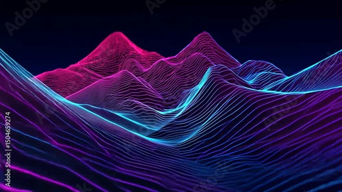 Geometric Landscape Neon mountain range with reflective lines on a dark, abstract background
