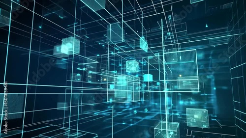 Digital Grid.
Geometric network of blue lines with translucent cube shapes in a grid-like, abstract technology design with futuristic vibe