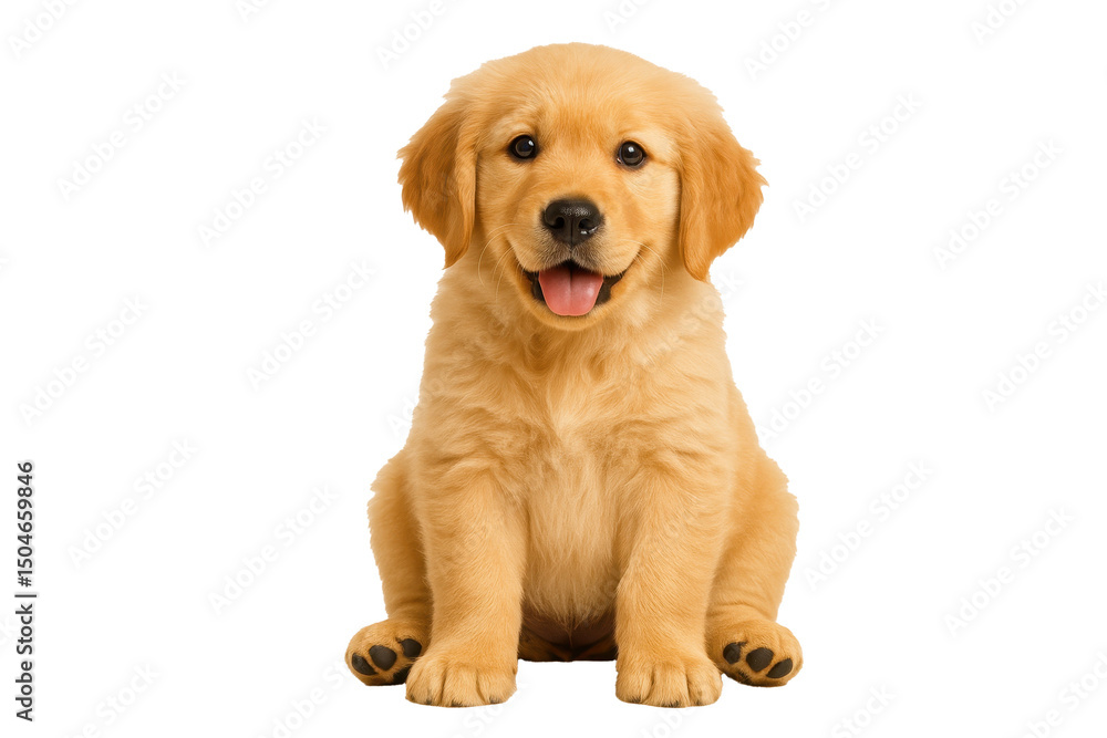 Fototapeta premium Golden retriever puppy sitting and smiling on white or transparent background