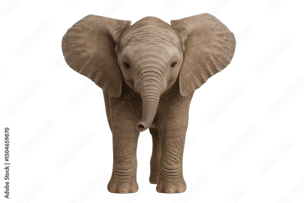 Fototapeta premium Baby elephant standing and facing forward on white or transparent background