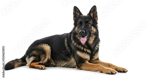 Majestic german shepherd laying down calmly on a white background