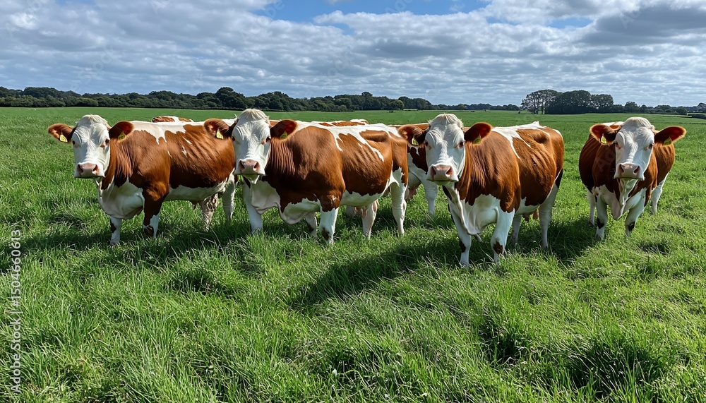 Group of brown and white cows grazing peacefully in a lush green meadow under a blue sky Group of brown and white cows grazing peacefully in a lush green meadow under a blue sky