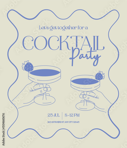 Stylish cocktail party invitation with two hands holding glasses, minimalist blue line art on light background. Perfect for summer events, posters, flyers, and social media.