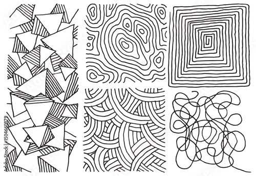 Set of hand drawn patterns or textures, tangled line, diamonds and triangles, square spiral, curved lines, topographic lines