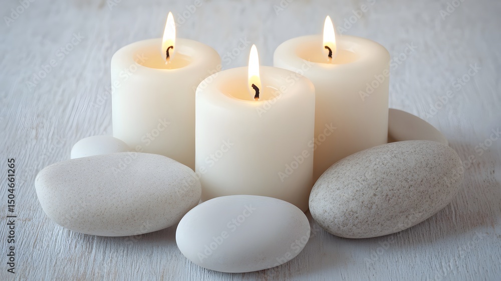 Serene Spa Setting with Candles and Stones Serene Spa Setting with Candles and Stones