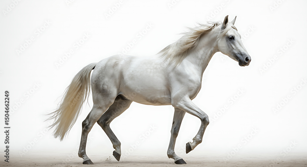 Fototapeta premium Elegant White Horse in Motion on a Light Background Conveying Grace and Power
