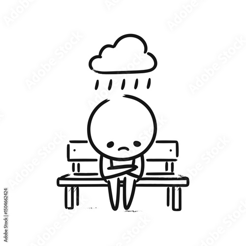 sad stick figure sitting on a bench under a personal rain cloud. Vector illustration