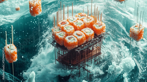 Floating sushi rolls surreal art with ocean waves and chopsticks photo