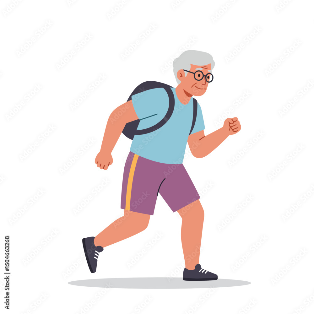Senior man in glasses jogging or walking with backpack in t-shirt and shorts . Physical activity and movement importance for elderly Senior man in glasses jogging or walking with backpack in t-shirt and shorts . Physical activity and movement importance for elderly