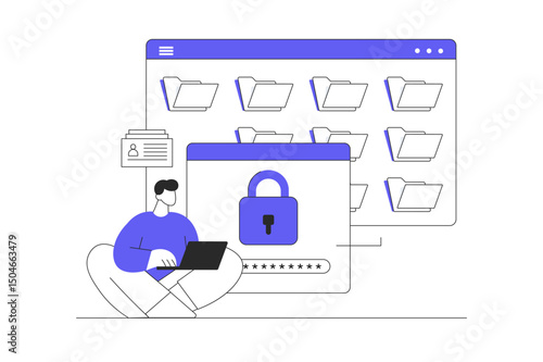 Secure login with man character concept. Computer Access Data. Flat Cartoon Vector Illustration, icon. Stylish abstract design landing page