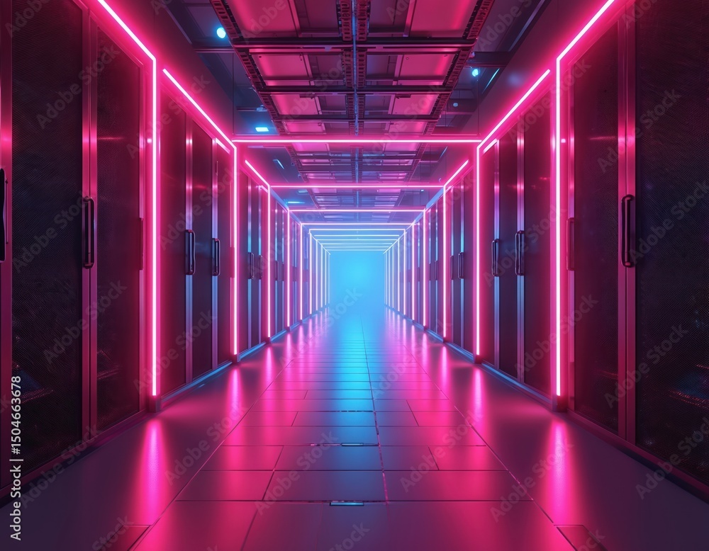 Modern data center server room with advanced laser grid protection. Neon glowing lights, hi-tech futuristic design concept, security systems. Digital information storage. Cyber security, data Modern data center server room with advanced laser grid protection. Neon glowing lights, hi-tech futuristic design concept, security systems. Digital information storage. Cyber security, data