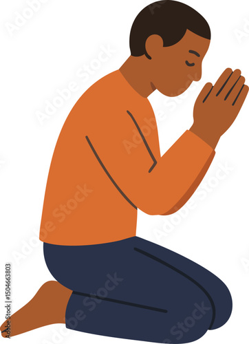 Serene Moment of Reflection: A Flat Vector Illustration Depicting an Individual in Prayerful Contemplation on Their Knees, Embracing Inner Peace and Spirituality