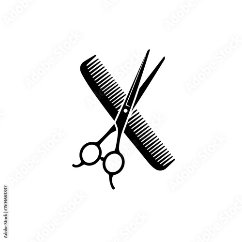 Hair scissors and comb crossed in black vector design. Hairstyling and barbershop concept. Looking after yourself. Haircut and gtooming concept