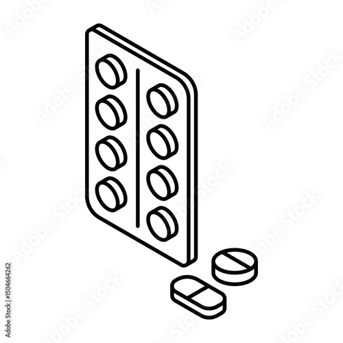 Blister pack with pills and loose tablets nearby. Isometric vector icon. Editable stroke.