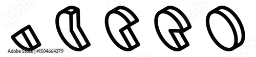 Progressive pie chart slices showing percentage sections. Isometric vector icon. Editable stroke.