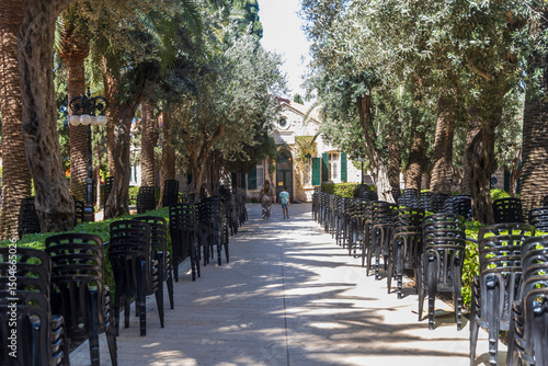 Haifa, Israel – May 24, 2025.  Bahai Gardens with Rows of Chairs and Lush Greenery.