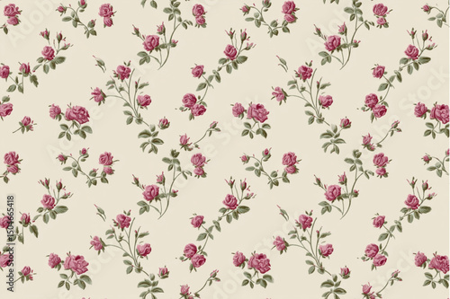 Repeating pattern of pink roses with green leaves on a light beige background in a floral design