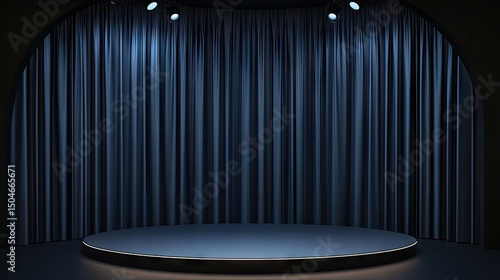 Dark stage with blue drapes and spotlight.