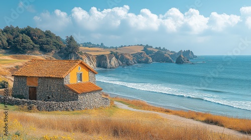 Serene coastal scene with rustic stone house and gentle waves under a blue sky