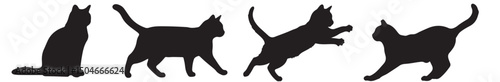 Silhouette Cats Collection: A series of elegant black cat silhouettes in various poses, including sitting, walking, jumping, and running, set against a clean background.