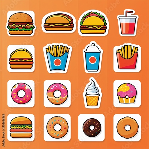Fastfood stickers. Cartoon junk food snack labels, unhealthy meal with french fries pizza burger sandwich hot dog ice cream food, restaurant menu elements. Vector isolated set