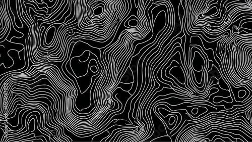 Abstract topographic map with white contour lines on a black background showing elevation details,.