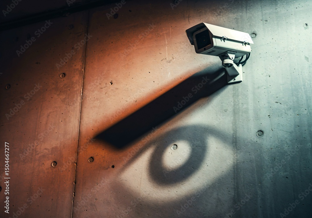 Surveillance camera casting shadow in the shape of an eye on a concrete wall under harsh artificial lighting, symbolizing constant observation and privacy concerns Surveillance camera casting shadow in the shape of an eye on a concrete wall under harsh artificial lighting, symbolizing constant observation and privacy concerns