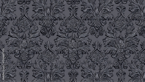 Detailed dark gray damask pattern with floral and leaf motifs repeating across the entire image area