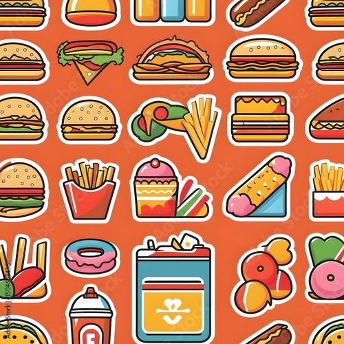 Fastfood stickers. Cartoon junk food snack labels, unhealthy meal with french fries pizza burger sandwich hot dog ice cream food, restaurant menu elements. Vector isolated set