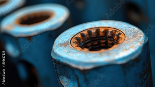 Close up of an industrial metal bolt with rusty texture and blue toning