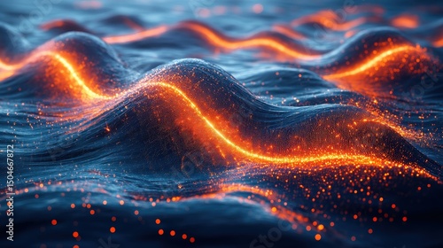 Dynamic fluid waves with glowing lines and particles in dark background