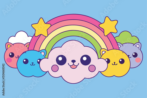 A cartoon vector illustration of a baby boy and girl in the sky with a rainbow, sun, and funny flying fish