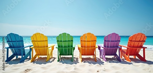 Six colorful Adirondack chairs on sandy beach against sea view. Blue yellow green orange purple chairs. Sunny day vacation on coastline. Sea shore relaxation on summer holiday.