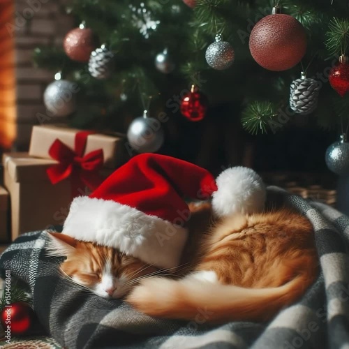 Sleeping Ginger Cat Cozy Under Christmas Tree – Cute Holiday Video