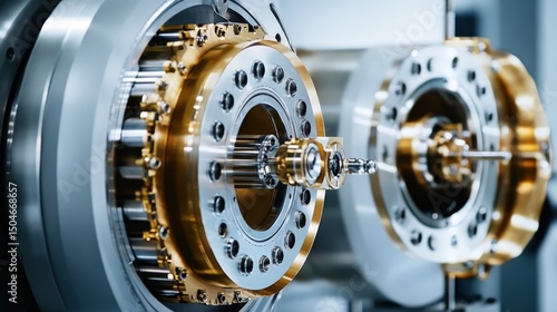Detailed close up of precision mechanical components with gold accents