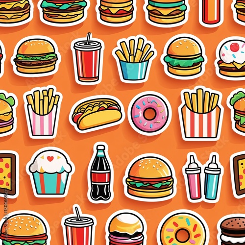 Fastfood stickers. Cartoon junk food snack labels, unhealthy meal with french fries pizza burger sandwich hot dog ice cream food, restaurant menu elements. Vector isolated set