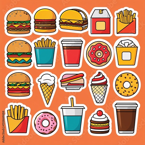 Fastfood stickers. Cartoon junk food snack labels, unhealthy meal with french fries pizza burger sandwich hot dog ice cream food, restaurant menu elements. Vector isolated set