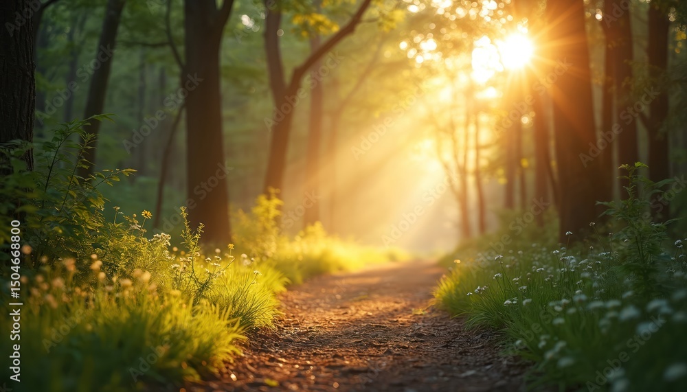 Fototapeta premium Sunlight streams through forest trees path. Nature photo, ground level view. Greenery, tranquil scenery, outdoors, warm light. Tranquility concept evokes fresh air, escape, exploration.