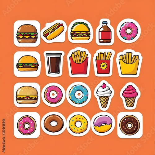 Fastfood stickers. Cartoon junk food snack labels, unhealthy meal with french fries pizza burger sandwich hot dog ice cream food, restaurant menu elements. Vector isolated set
