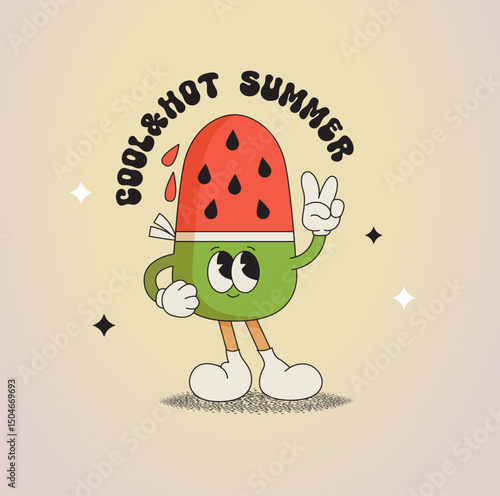 Cute ice cream character, funny summer food -sundae, gelato. Happy sweet kawaii smiling delicacy with watermelon taste for kids. Template for greeting,invitation,poster, flyer, web.Vector illustration