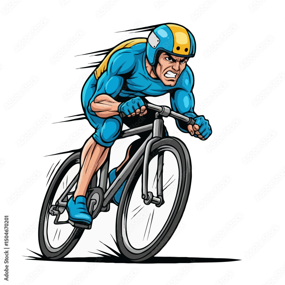 Naklejka premium Extreme Cartoon Cyclist Racing with Speed in Protective Gear – Vector on White