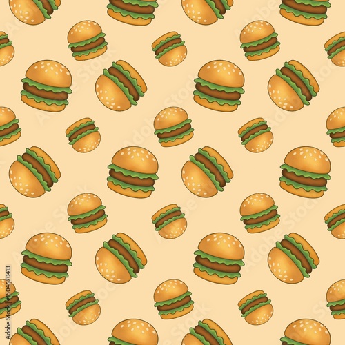 seamless food pattern with delicious hamburgers with fresh salad and sesame bun on light yellow background