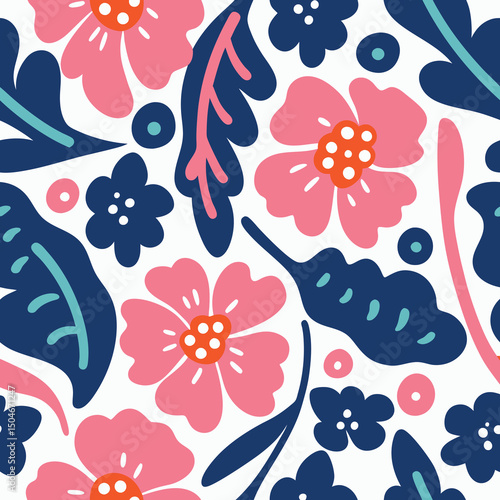 Bright and cheerful floral seamless pattern featuring pink flowers and blue leaves
